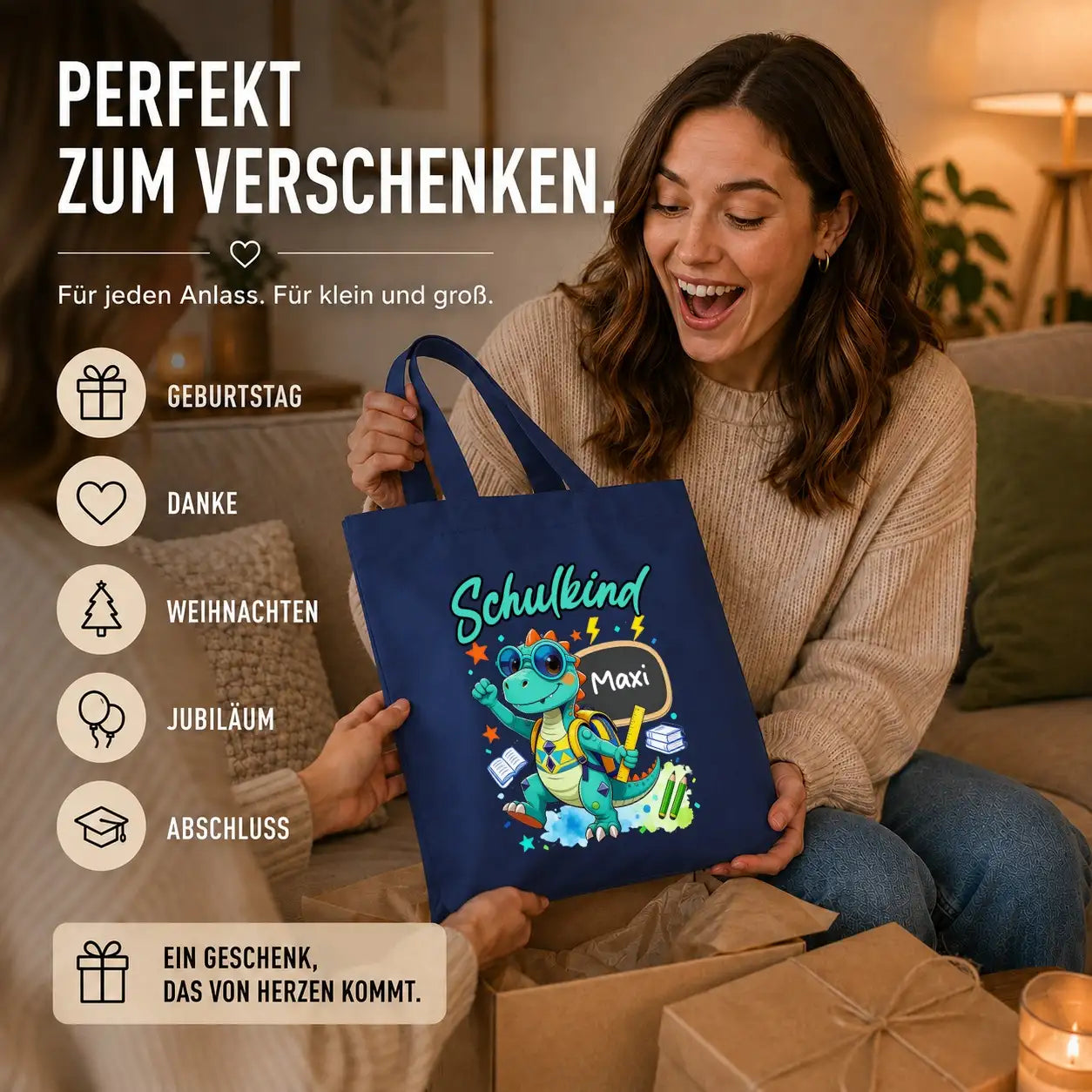 Baumwolltasche - Schulkind Dino mit Name Maxi