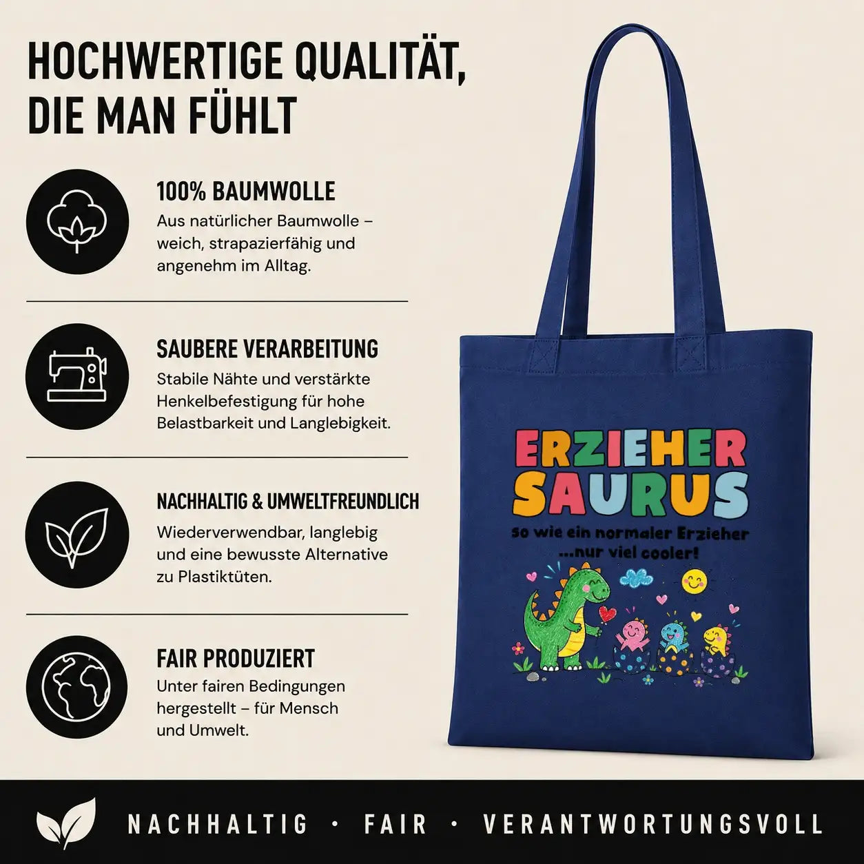 LIEBTASTISCH® Baumwolltasche Erziehersaurus so wie ein - Geschenk Erzieherin Erzieher Kindergarten Kita - Stofftasche Beutel Dankeschön Ausbildung Prüfung - {FARBE}