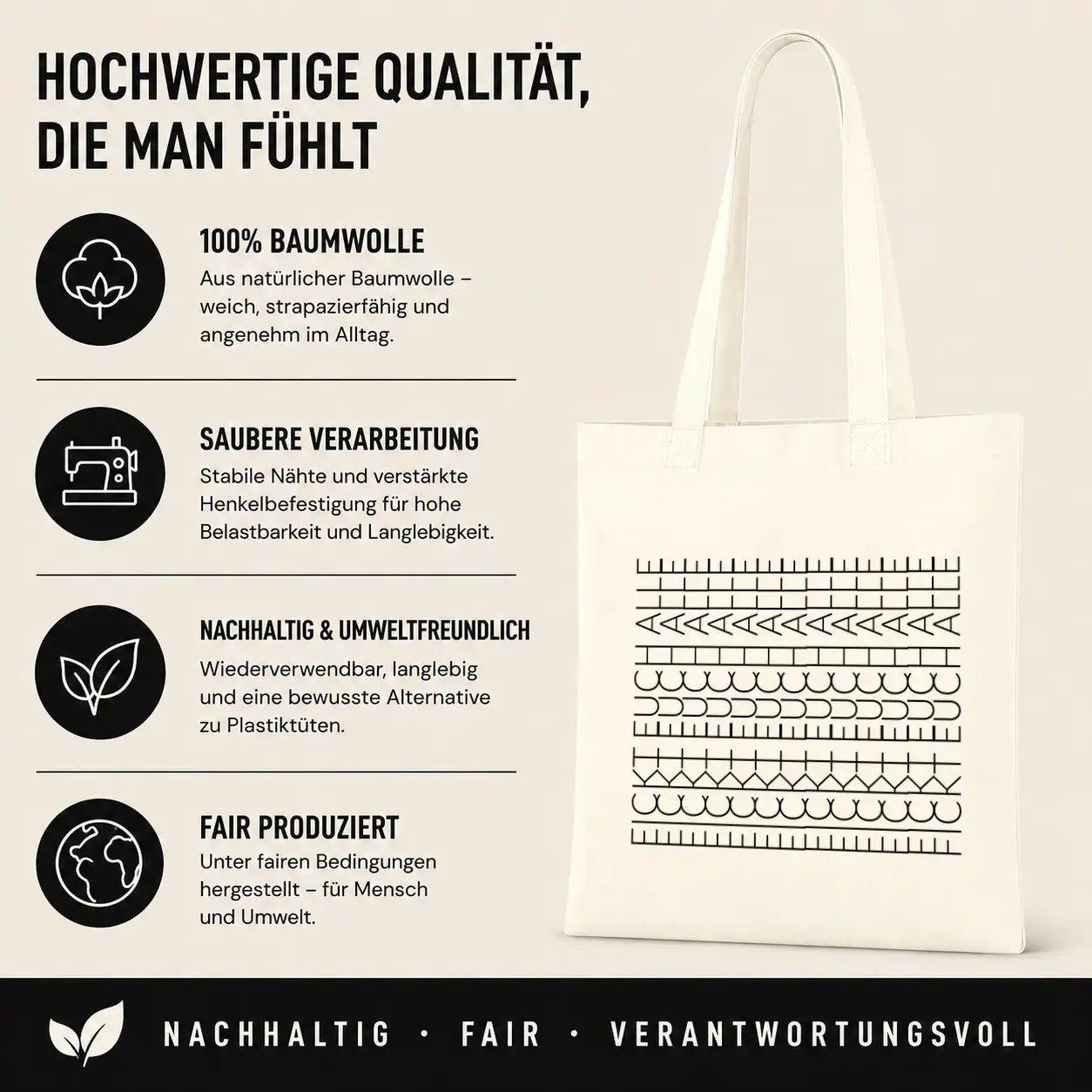 Baumwolltasche - Dekorative Nähstich-Muster