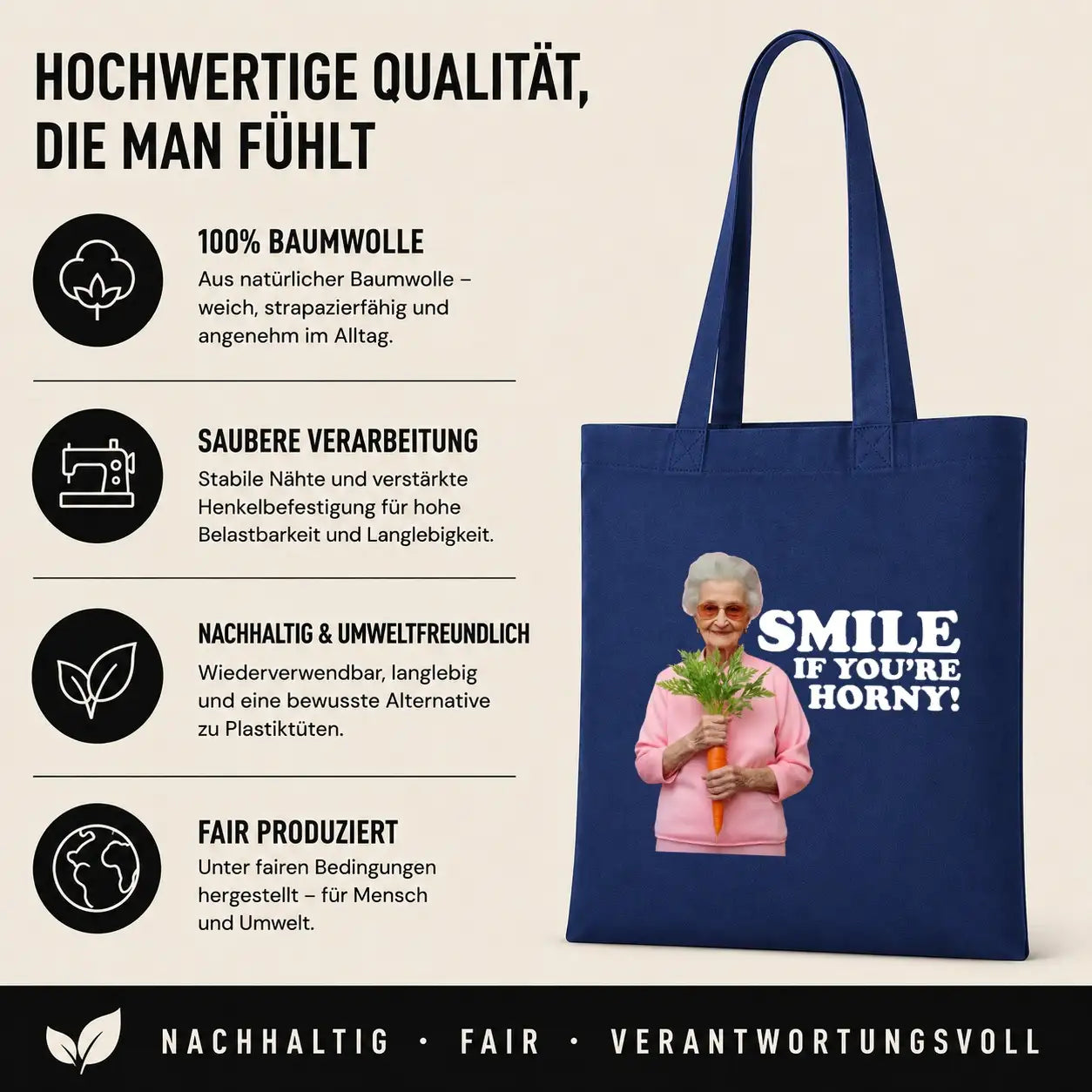 Baumwolltasche - Smile if you're horny!