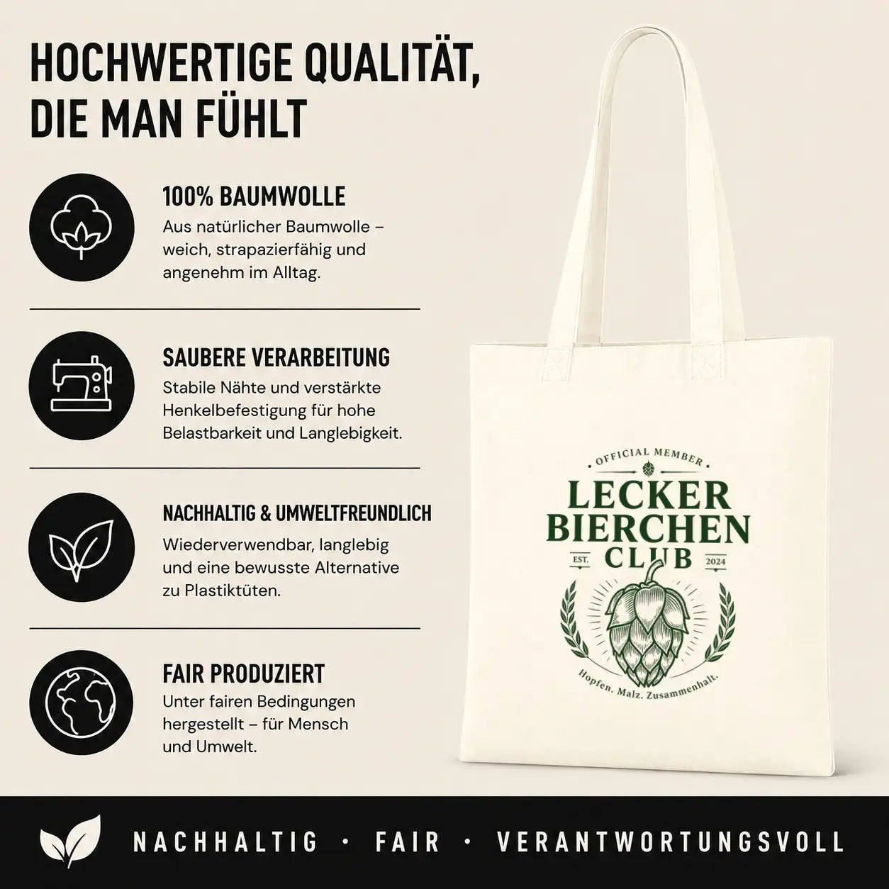 Baumwolltasche - Official Member Lecker Bierchen Club Est. 2024 Hopfen. Malz. Zusammenhalt.