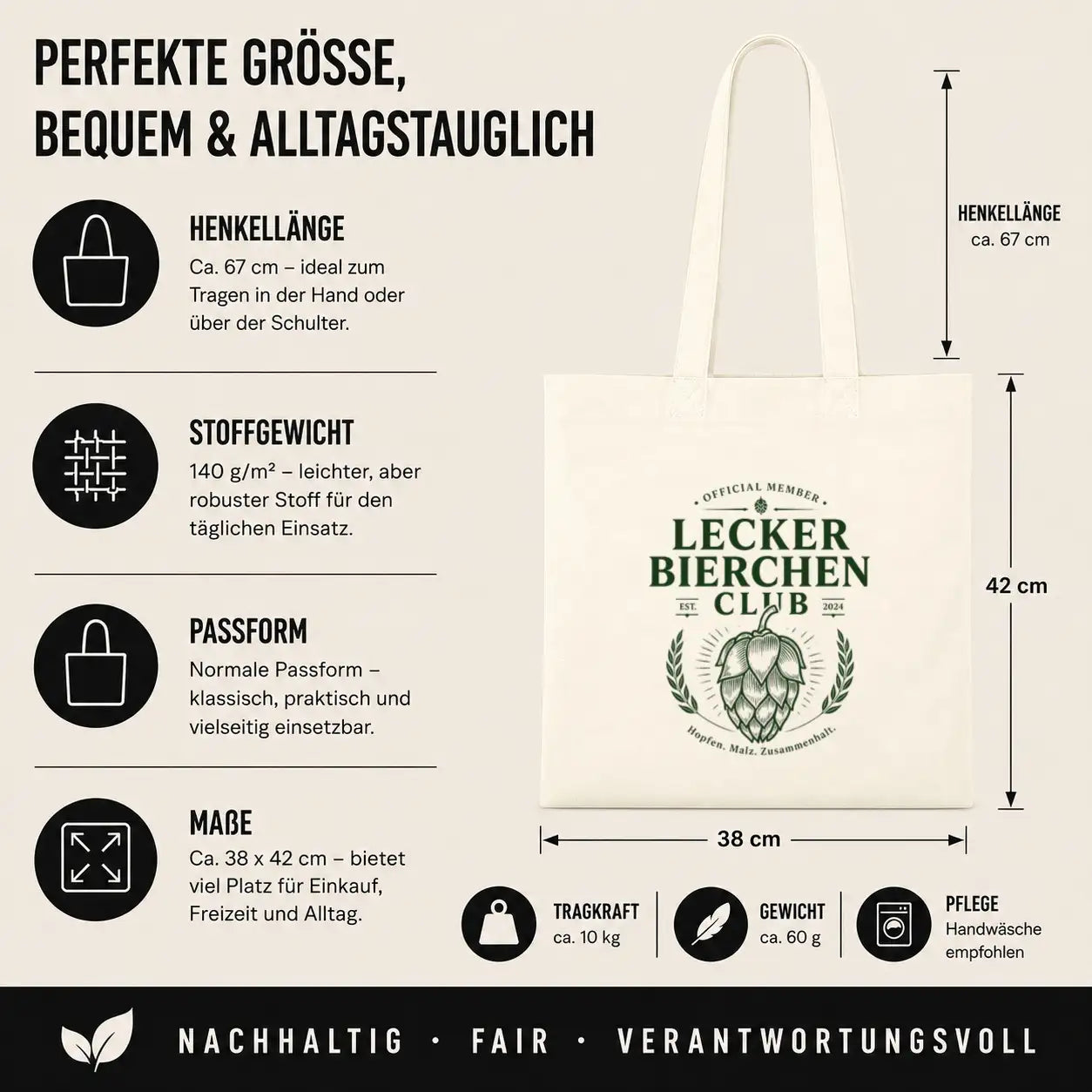 Baumwolltasche - Official Member Lecker Bierchen Club Est. 2024 Hopfen. Malz. Zusammenhalt.