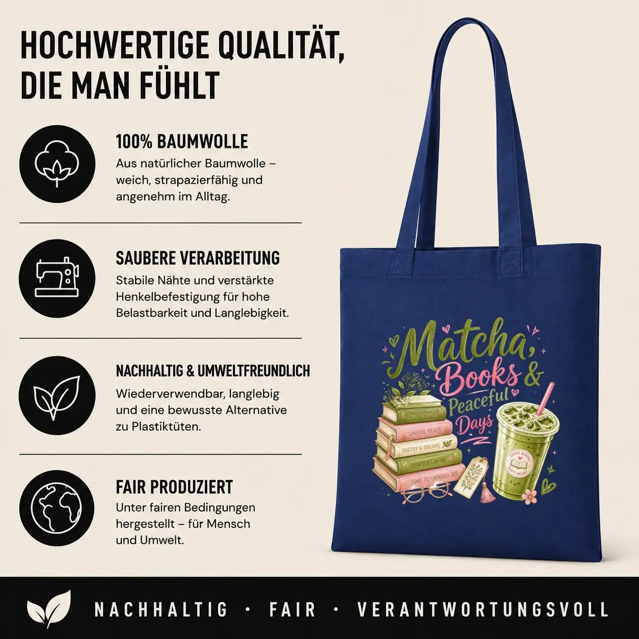 Baumwolltasche - Matcha, Books & Peaceful Days
