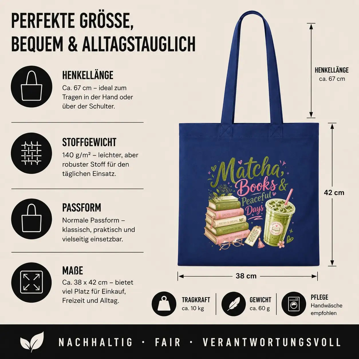 Baumwolltasche - Matcha, Books & Peaceful Days