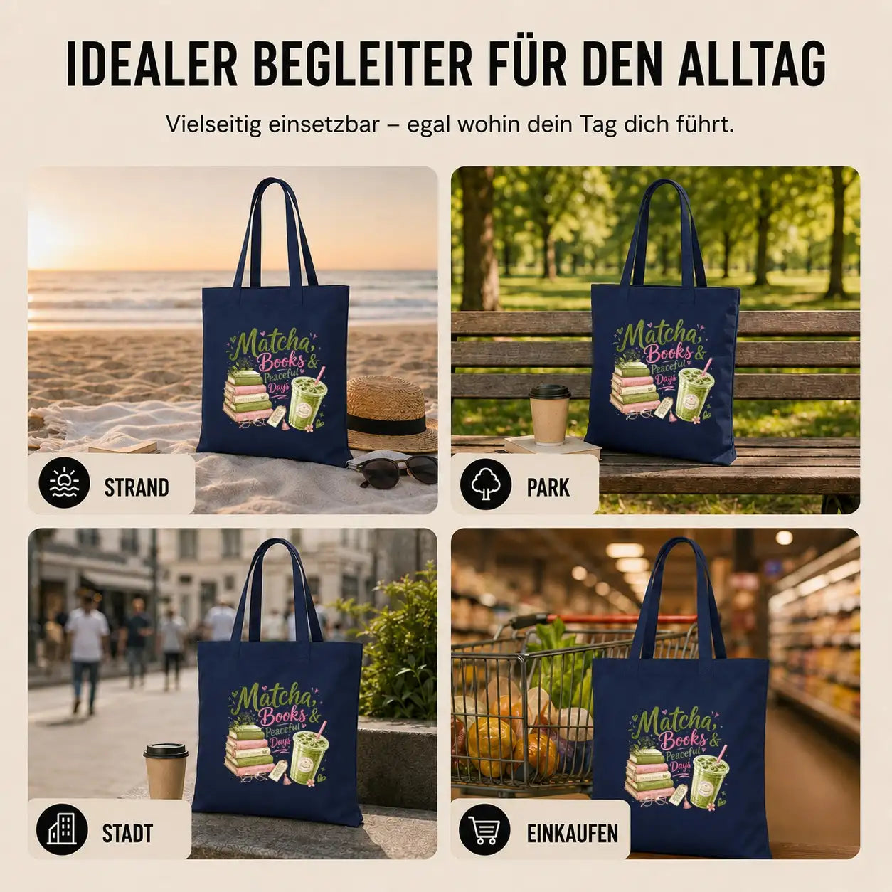 Baumwolltasche - Matcha, Books & Peaceful Days