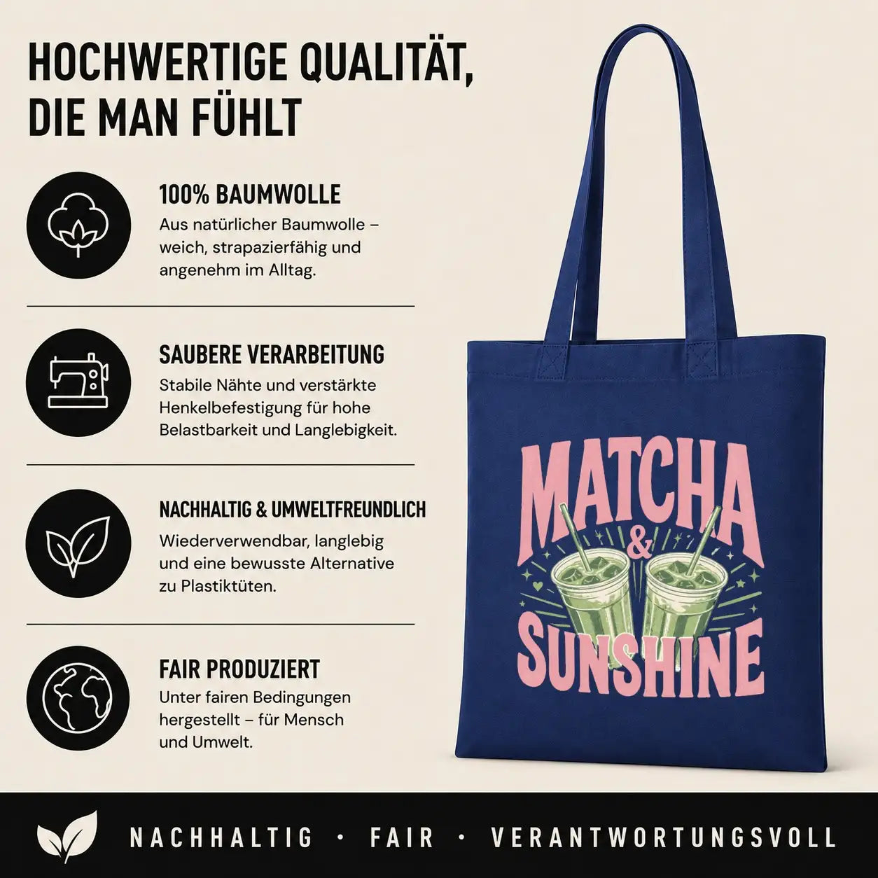 LIEBTASTISCH® Baumwolltasche Matcha & Sunshine - Stofftasche Beutel bedruckt für Frauen Damen mit langen - Geschenk Tee Liebhaber - Tasche Lehrerin - Schwarz - {FARBE}