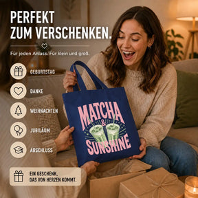 LIEBTASTISCH® Baumwolltasche Matcha & Sunshine - Stofftasche Beutel bedruckt für Frauen Damen mit langen - Geschenk Tee Liebhaber - Tasche Lehrerin - Schwarz - {FARBE}