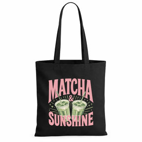LIEBTASTISCH® Baumwolltasche Matcha & Sunshine - Stofftasche Beutel bedruckt für Frauen Damen mit langen - Geschenk Tee Liebhaber - Tasche Lehrerin - Schwarz - {FARBE}