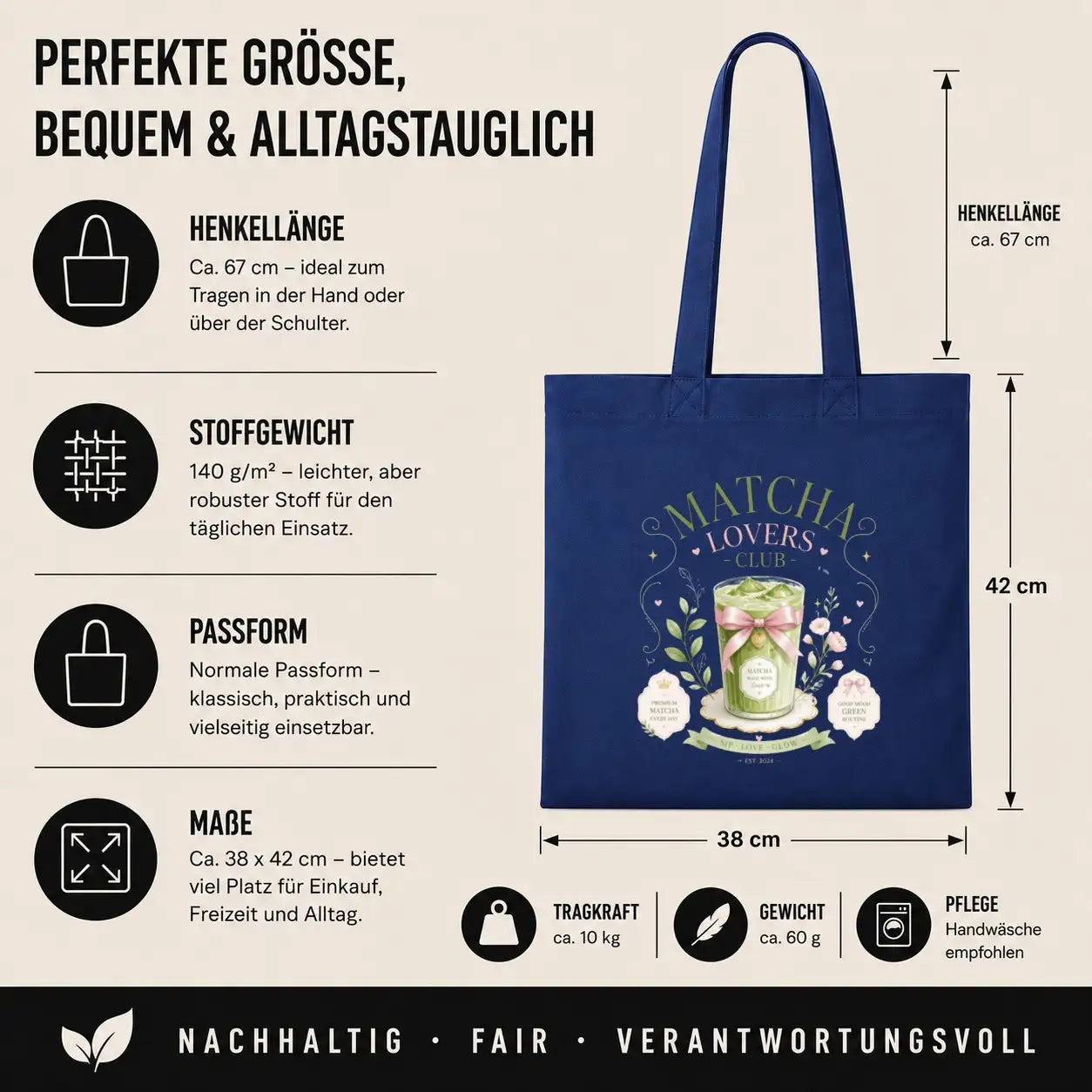 LIEBTASTISCH® Baumwolltasche Matcha Lovers Club Matcha made with love Premium Matcha Every Day - Tote Bag Canvas Damen - Stofftasche Beutel Einkaufsbeutel bedruckt - {FARBE}