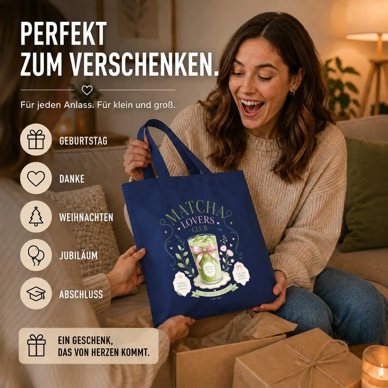 LIEBTASTISCH® Baumwolltasche Matcha Lovers Club Matcha made with love Premium Matcha Every Day - Tote Bag Canvas Damen - Stofftasche Beutel Einkaufsbeutel bedruckt - {FARBE}