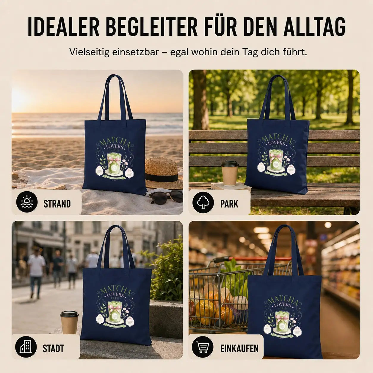 LIEBTASTISCH® Baumwolltasche Matcha Lovers Club Matcha made with love Premium Matcha Every Day - Tote Bag Canvas Damen - Stofftasche Beutel Einkaufsbeutel bedruckt - {FARBE}