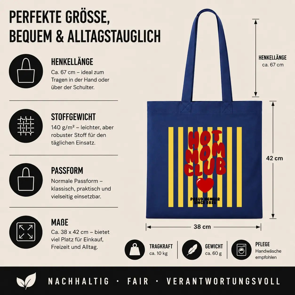 LIEBTASTISCH® Baumwolltasche Hot Mom Club Proud Member Since 2026 - Stofftasche Beutel für Mama Mutter - Geschenk Muttertag Geburtstag Weihnachten beste Freundin - {FARBE}