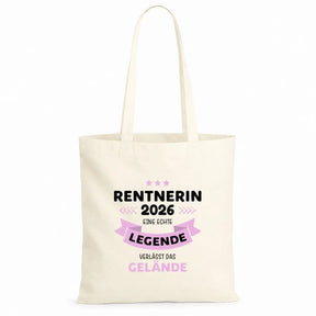 LIEBTASTISCH® Baumwolltasche Rentnerin 2026 eine echte Legende verlässt das Gelände - Stofftasche für Frauen zur Rente - Geschenk Renteneintritt Kollegin - {FARBE}