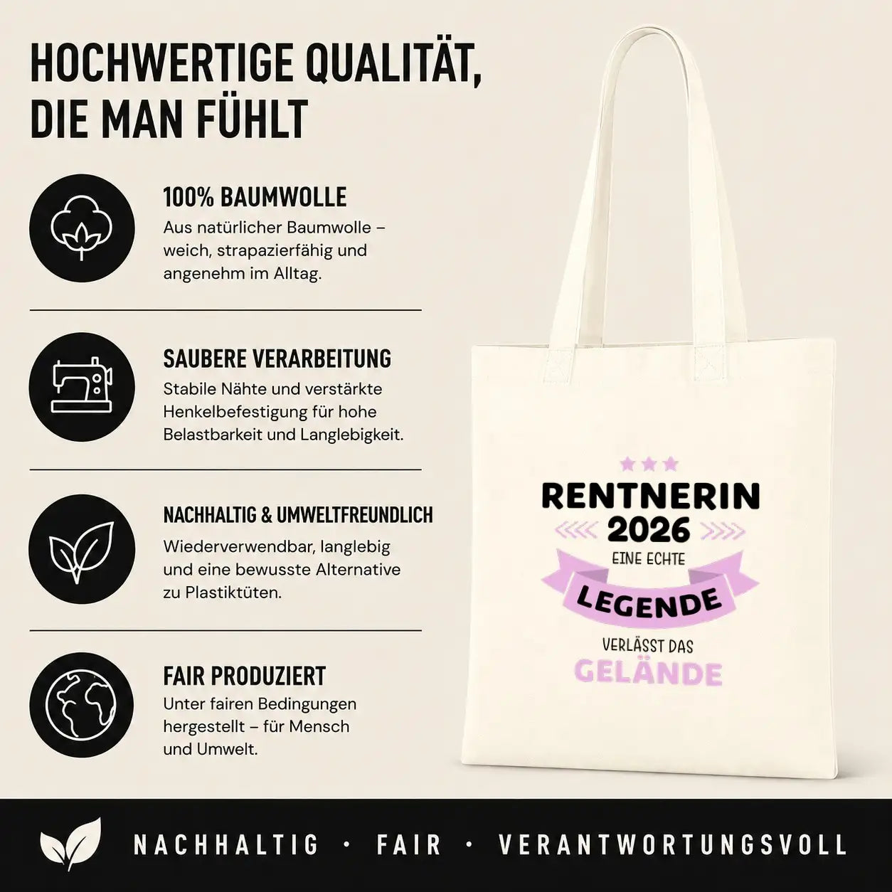 LIEBTASTISCH® Baumwolltasche Rentnerin 2026 eine echte Legende verlässt das Gelände - Stofftasche für Frauen zur Rente - Geschenk Renteneintritt Kollegin - {FARBE}