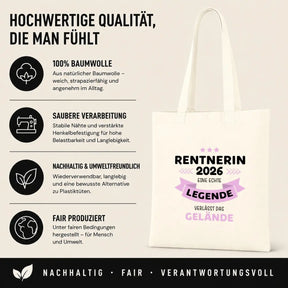 LIEBTASTISCH® Baumwolltasche Rentnerin 2026 eine echte Legende verlässt das Gelände - Stofftasche für Frauen zur Rente - Geschenk Renteneintritt Kollegin - {FARBE}