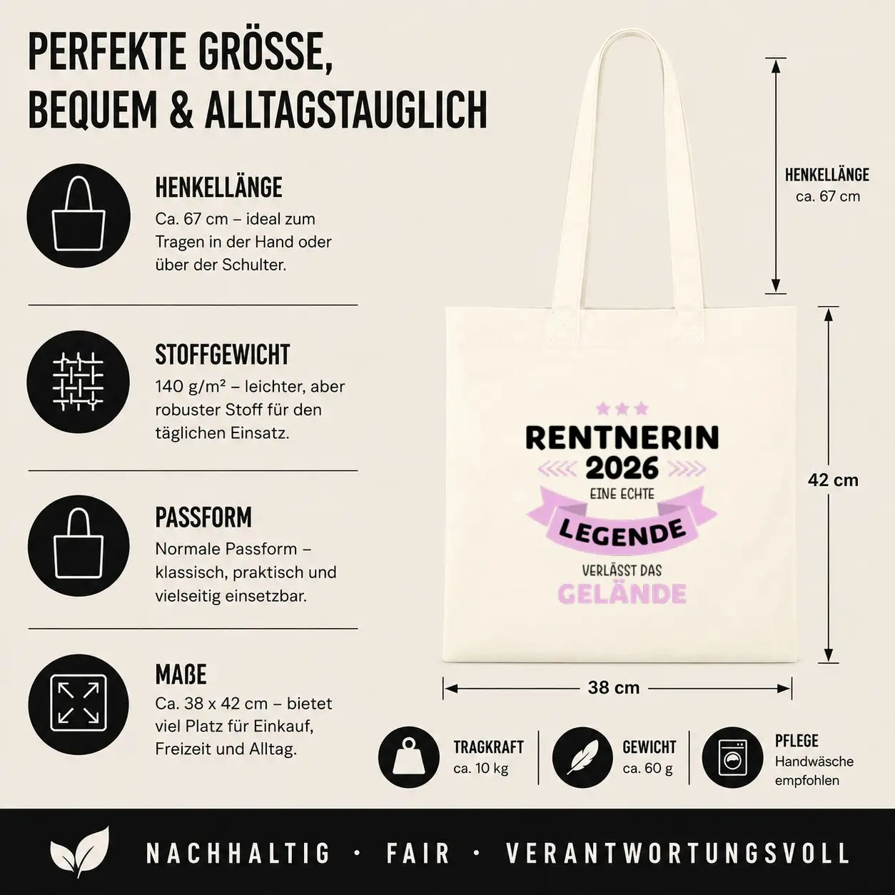 LIEBTASTISCH® Baumwolltasche Rentnerin 2026 eine echte Legende verlässt das Gelände - Stofftasche für Frauen zur Rente - Geschenk Renteneintritt Kollegin - {FARBE}
