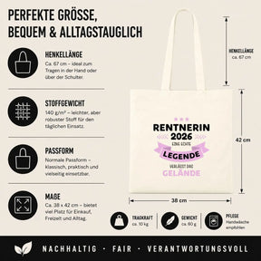 LIEBTASTISCH® Baumwolltasche Rentnerin 2026 eine echte Legende verlässt das Gelände - Stofftasche für Frauen zur Rente - Geschenk Renteneintritt Kollegin - {FARBE}