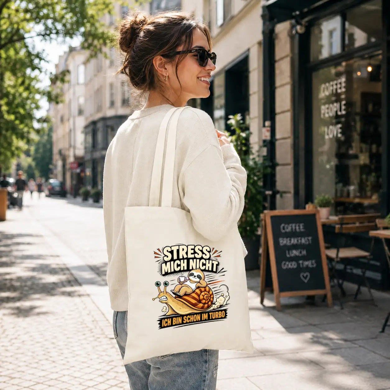 LIEBTASTISCH® Baumwolltasche Stress mich nicht ich bin schon im Turbo - Stofftasche mit Spruch für Frauen - lustige Faultier Schnecke Geschenk Geburtstag - {FARBE}