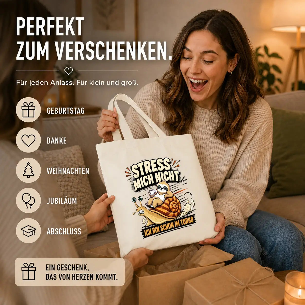 LIEBTASTISCH® Baumwolltasche Stress mich nicht ich bin schon im Turbo - Stofftasche mit Spruch für Frauen - lustige Faultier Schnecke Geschenk Geburtstag - {FARBE}