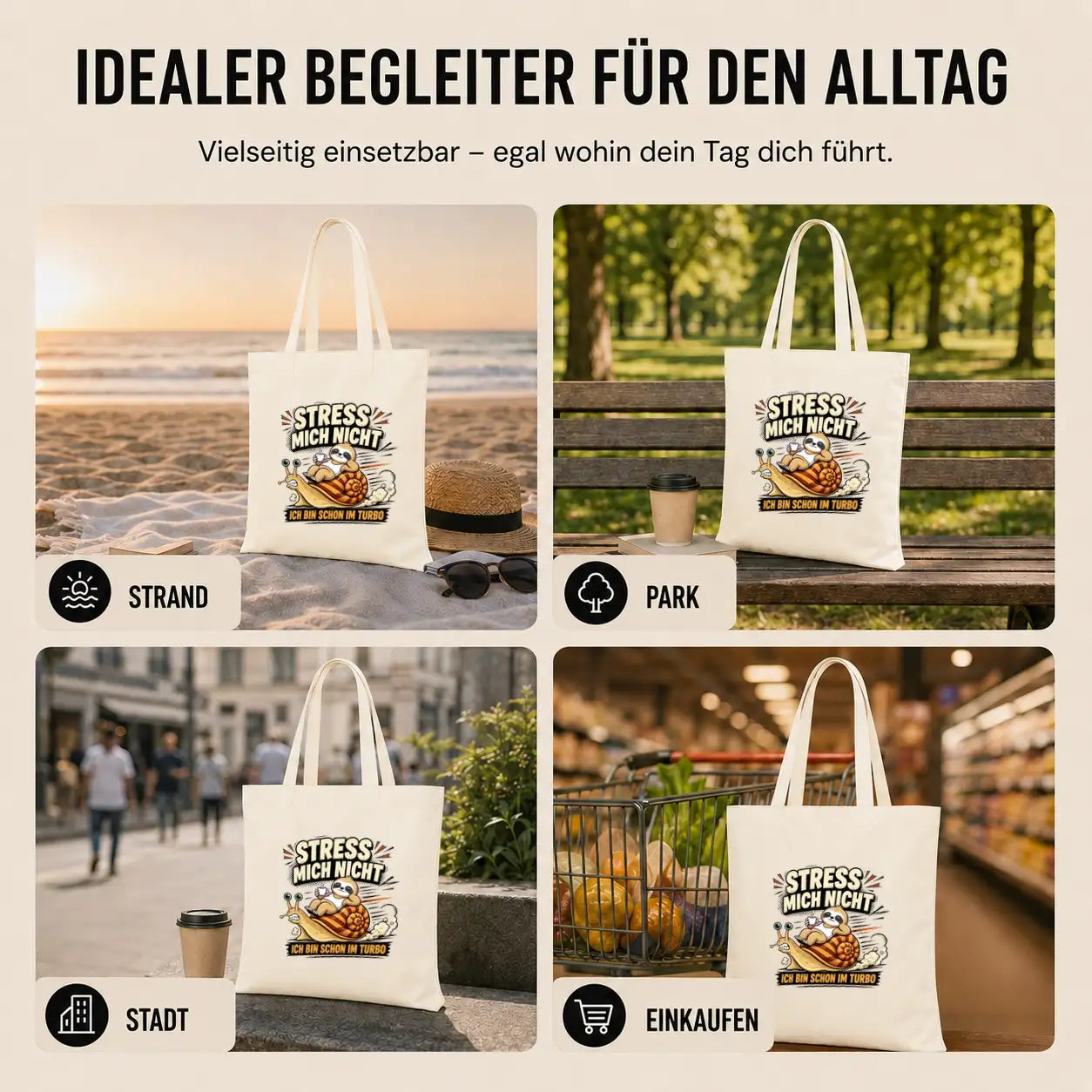 LIEBTASTISCH® Baumwolltasche Stress mich nicht ich bin schon im Turbo - Stofftasche mit Spruch für Frauen - lustige Faultier Schnecke Geschenk Geburtstag - {FARBE}