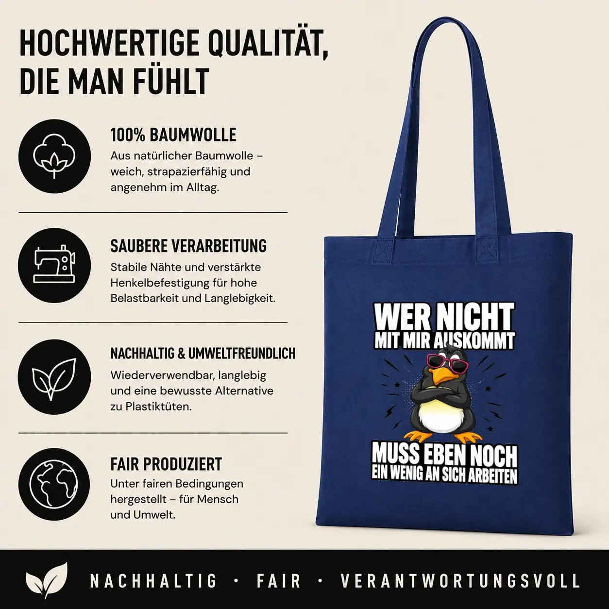 Baumwolltasche - Wer nicht mit mir auskommt muss eben noch ein wenig an sich arbeiten