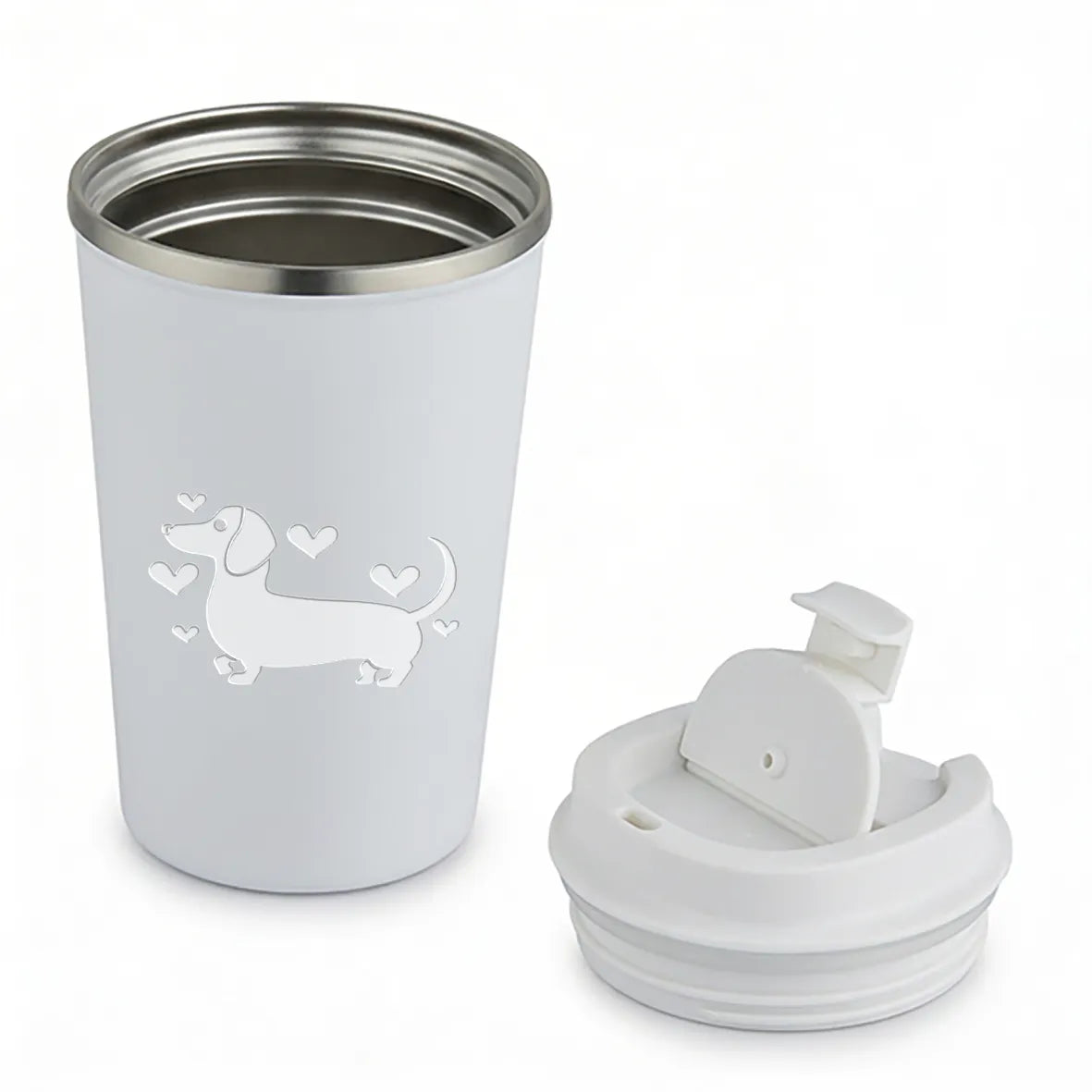 Thermobecher - Dackel mit Herzen - Weiss