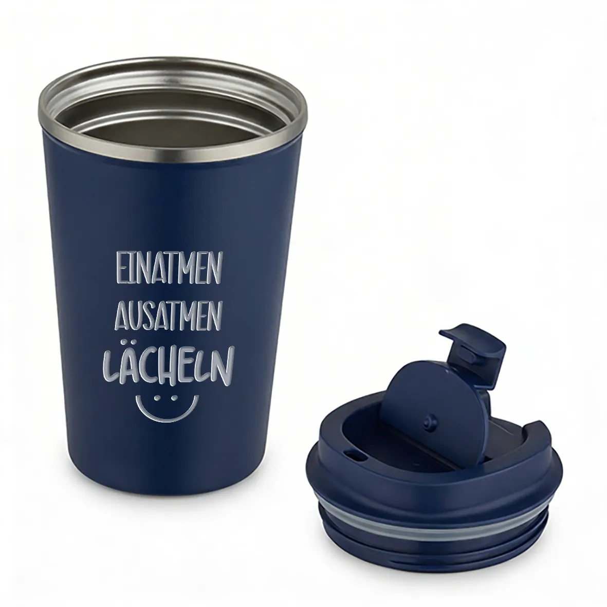 Thermobecher - Einatmen Ausatmen Lächeln - Navy