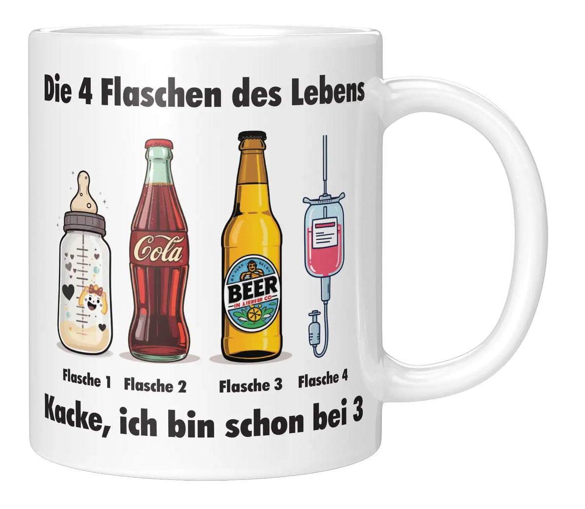 Tasse - Die 4 Flaschen des Lebens Kacke ich bin schon bei 3 - Weiss