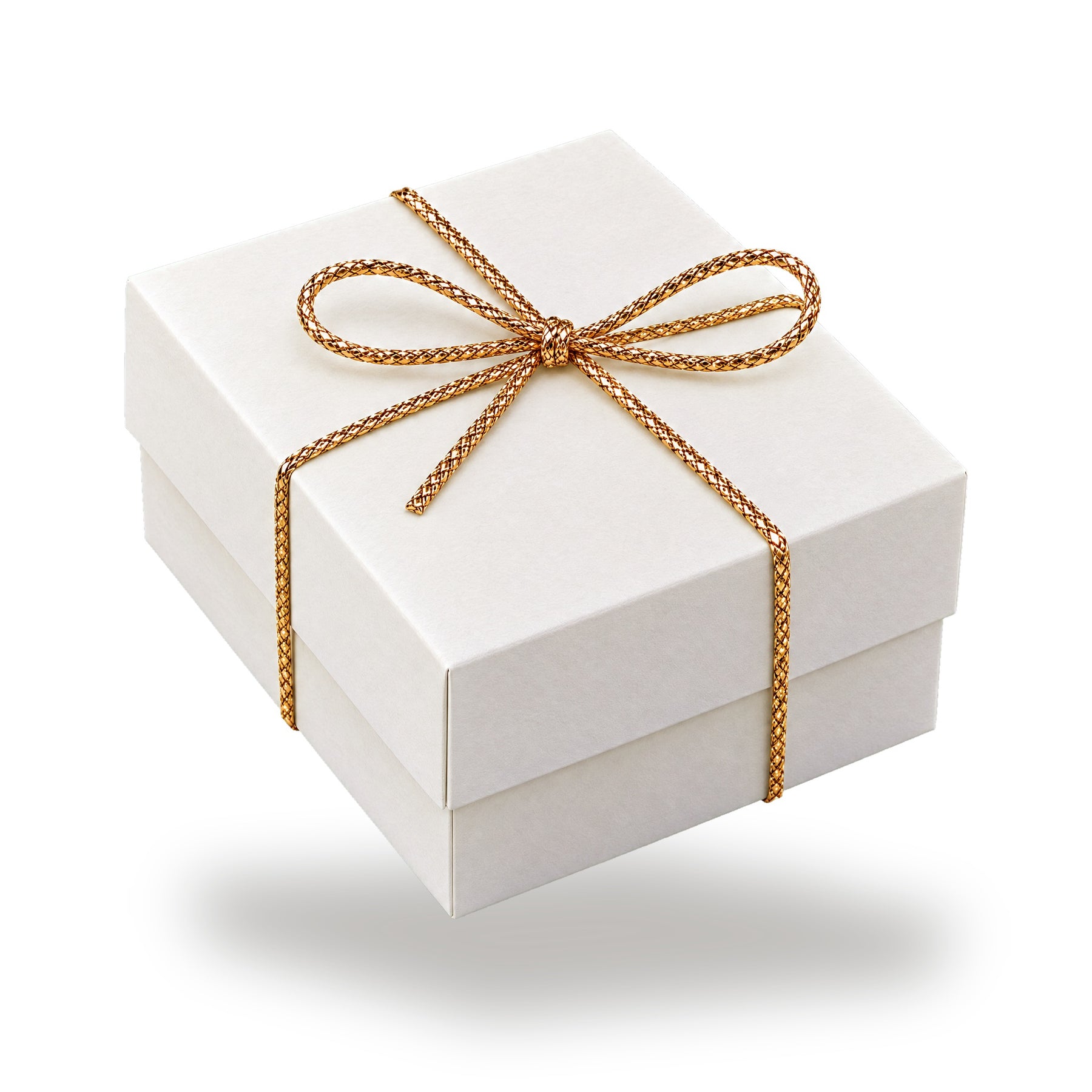 Geschenkverpackung Ornamente, weiße Geschenkbox mit goldener Kordel und Schleife